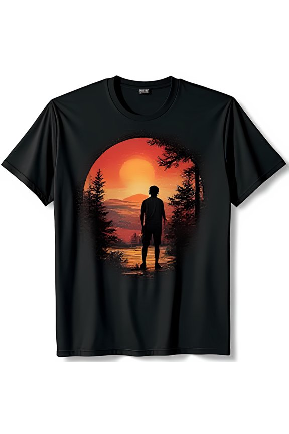 Men's Black T-Shirt with Forest and Sunset Graphic Design