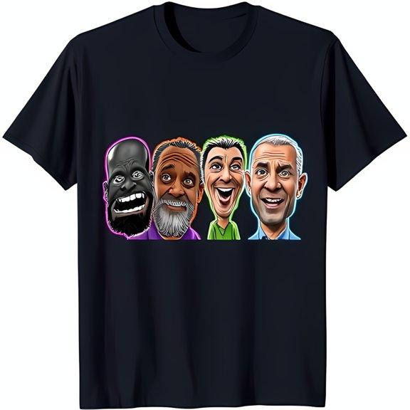 Men's Black T-Shirt with Fun Cartoon Heads Graphic Smiling Characters Design