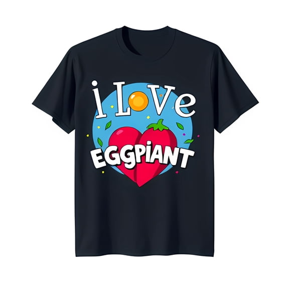 Men's Black T-Shirt with Fun 'I Love Eggplant' Graphic & Colorful Dots