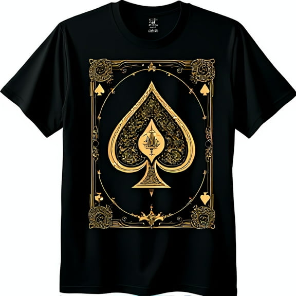 Men's Black T-Shirt with Gold Card Design Intricate Patterns & Detailed
