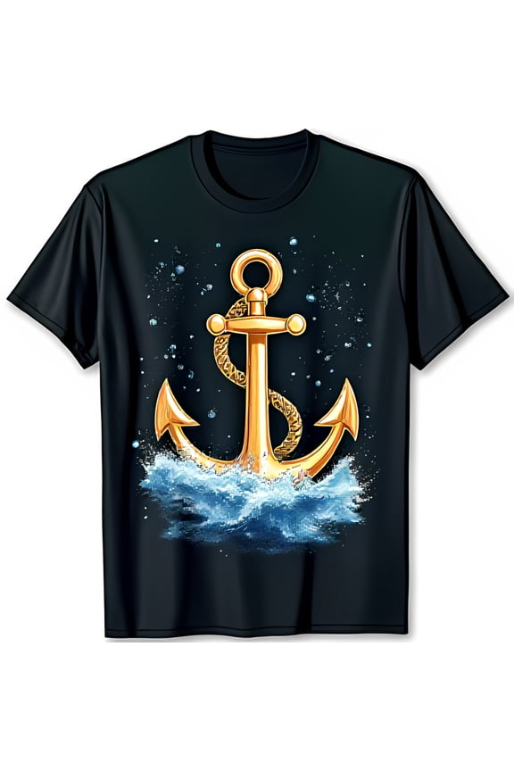 Men's Black T-Shirt with Gold and Wave Background