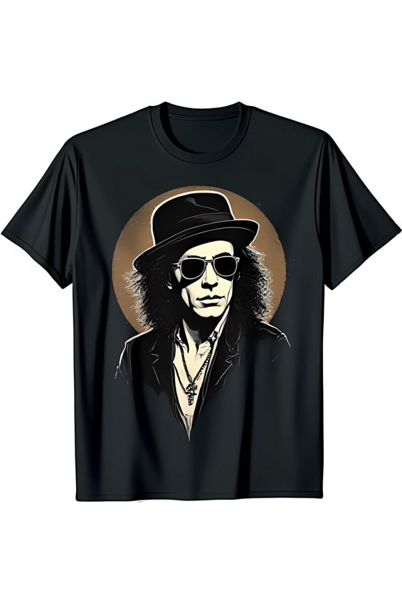 Men's Black T-Shirt with Graphic Design of Cool Man in Hat & Sunglasses