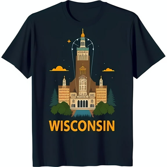 Men's Black T-Shirt with Graphic Design of Iconic Wisconsin Dome & Fountain