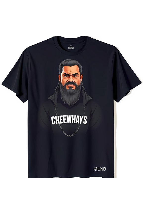 Men's Black T-Shirt with Graphic Print of Bearded Man & 'CHEEWHAYS' Text