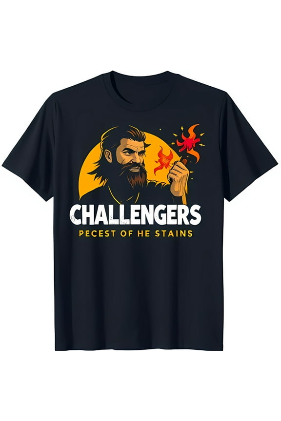 Men's Black T-Shirt with Graphic of Bearded Man Holding Burning Stick Unique Flame Design