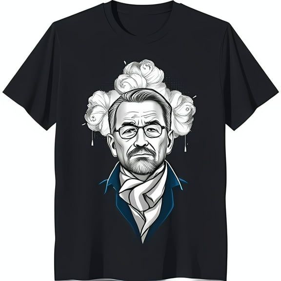 Men's Black T-Shirt with Graphic of Bearded Man in Glasses & Cloud