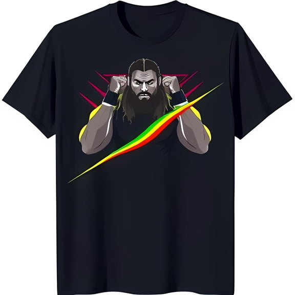 Men's Black T-Shirt with Graphic of Long Haired Man Colorful Stripe Design