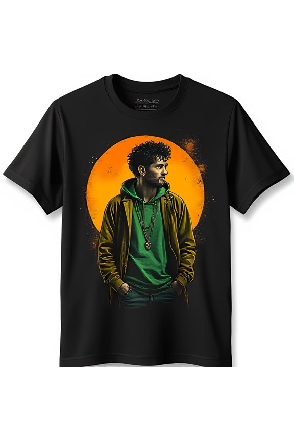 Men s Black T-Shirt with Graphic of Man in Green & Brown Coat Look At Me Now