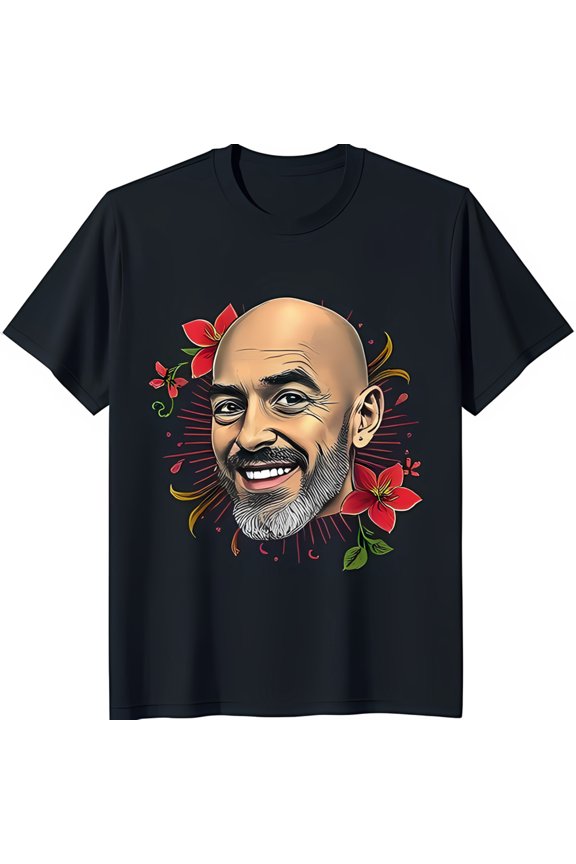 Men's Black T-Shirt with Gray Bearded Portrait Surrounded by Colorful Flowers