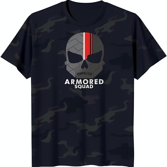 Men's Black T-Shirt with Grey Graphic & Red Stripe Armored Squad Design