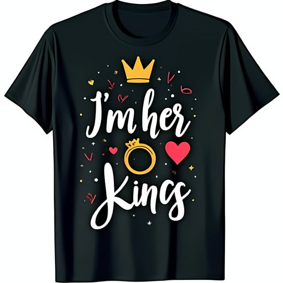 Men s Black T-Shirt with I m Her King Graphic Heart Ring & Crown Design