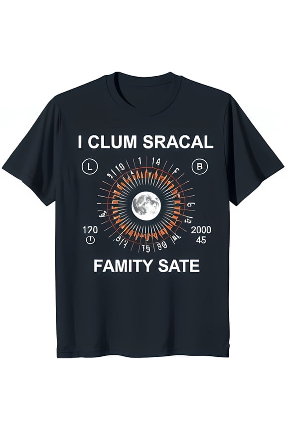 Men's Black T-Shirt with Moon Graphic and Unique 'I CLUM SRACAL' Design