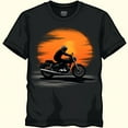 thumbnail image 1 of Men's Black T-Shirt with Motorcycle Riding into Sunset Soft Fabric, 1 of 5