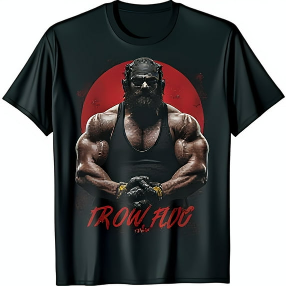 Men's Black T-Shirt with Muscular Graphic Beard & Sunglasses Design