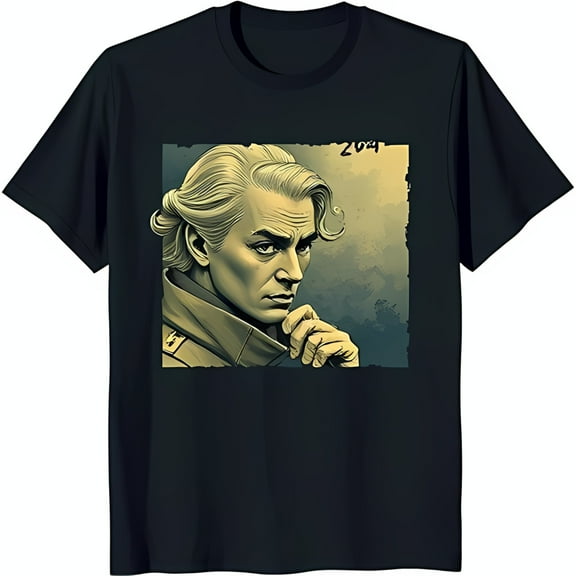 Men's Black T-Shirt with Portrait of Serious Man in Brown Coat 2047 Design