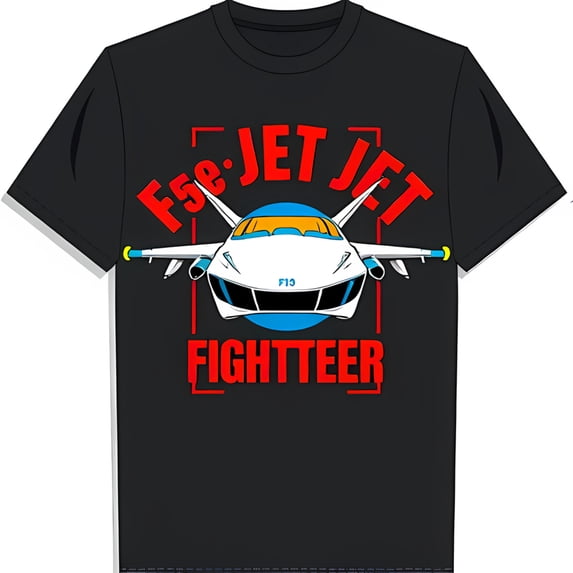 Men's Black T-Shirt with Red Fighter Jet Graphic and Bold Text Design