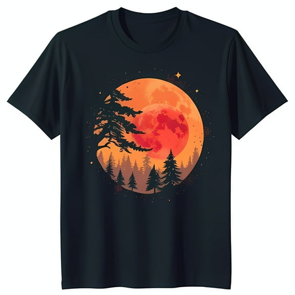 Men's Black T-Shirt with Red Moon & Dark Forest Graphic Starry Night Design