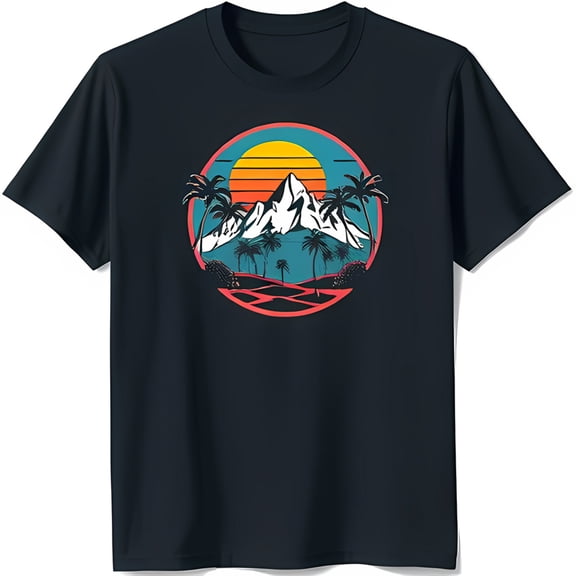 Men's Black T-Shirt with Retro Mountain Trees & Sunset Graphic