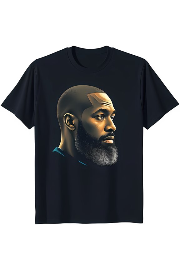 Men's Black T-Shirt with Serious Bearded Face Illustration Dark Blue Shirt Design