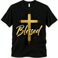 thumbnail image 1 of Men's Black T-Shirt with Shimmering Golden & 'Blessed' Script Design, 1 of 5