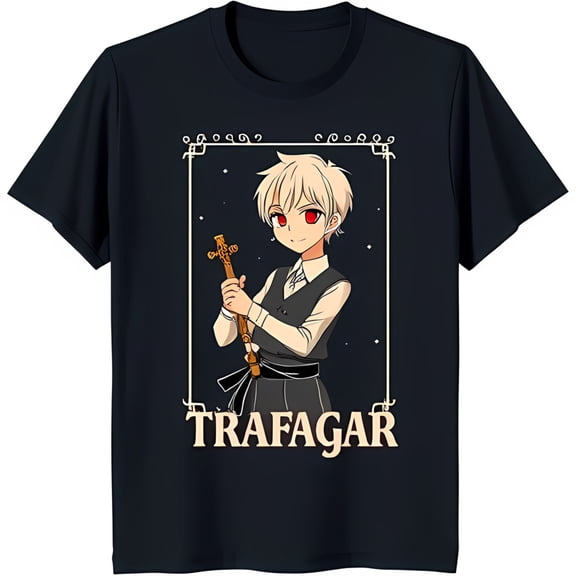 Men's Black T-Shirt with Silver Haired Hero Graphic & Gold 'TRAFAGAR' Text