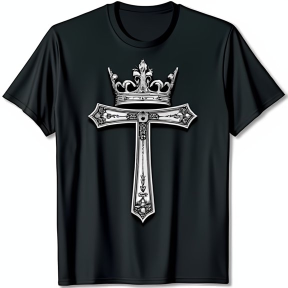 Men s Black T-Shirt with Silver Ornate & Crown Graphic Soft Fabric