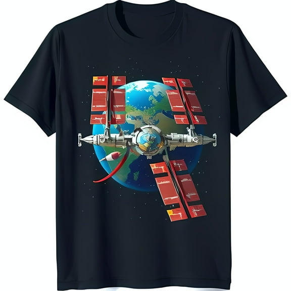 Men's Black T-Shirt with Space Station Graphic Orbiting Blue Planet