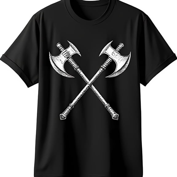 Men's Black T-Shirt with Striking Crossed Silver Axes Graphic Design
