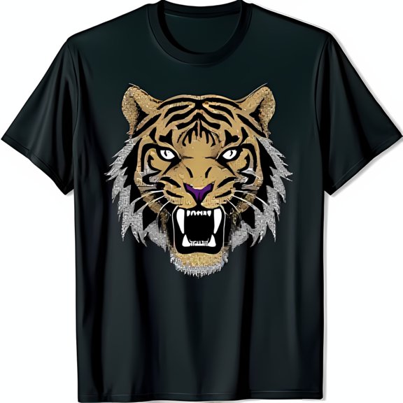 Men's Black T-Shirt with Striking Head Design Fierce & Glittering