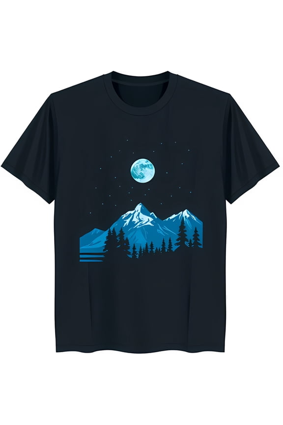 Men's Black T-Shirt with Stunning Mountain Range and Full Moon Night Scene