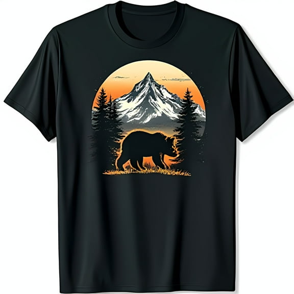 Men s Black T-Shirt with Stunning Mountain Sunset Graphic & Bear Design