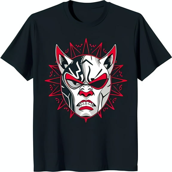 Men's Black T-Shirt with Stylized Red and Black Cat Mask Design Fierce and Bold Graphic Tee
