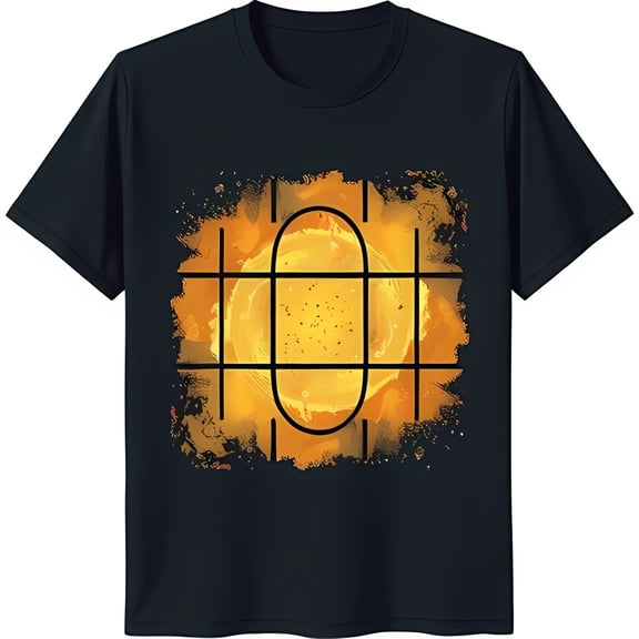 Men's Black T-Shirt with Stylized Sun Graphic and Yellow Splatter