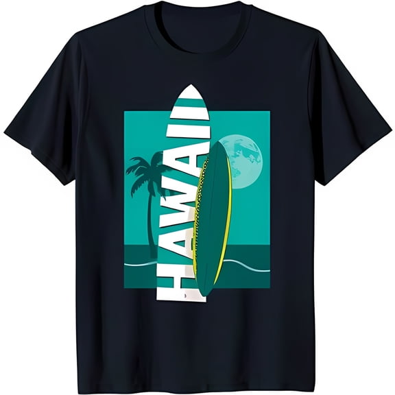 Men's Black T-Shirt with Surfboard Graphic Design 'HAWAII' Beach Theme