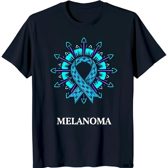 Men s Black T-Shirt with Teal Graphic and MELANOMA Ribbon