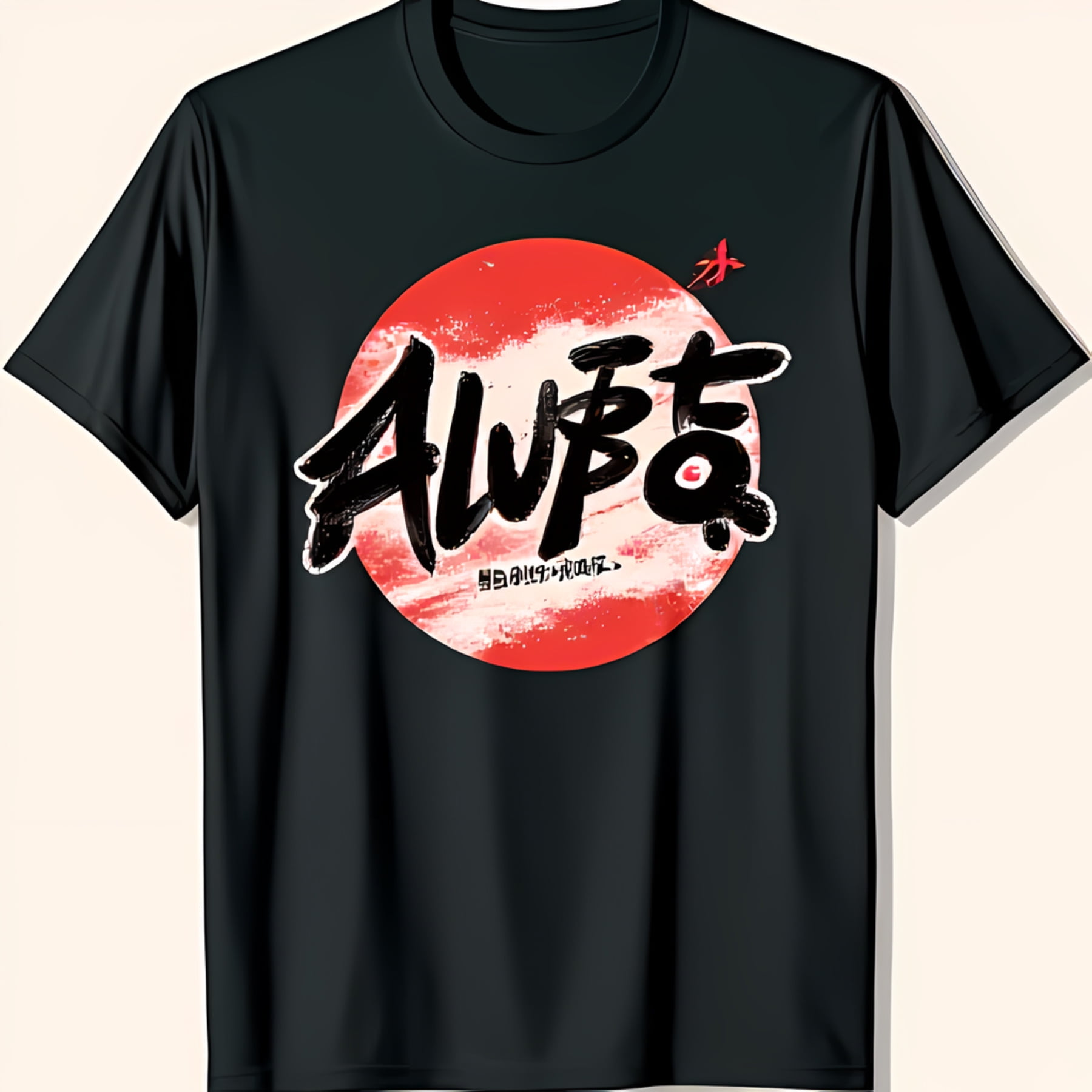 Men's Black T-Shirt with Textured Graphic & Always Japanese Calligraphy