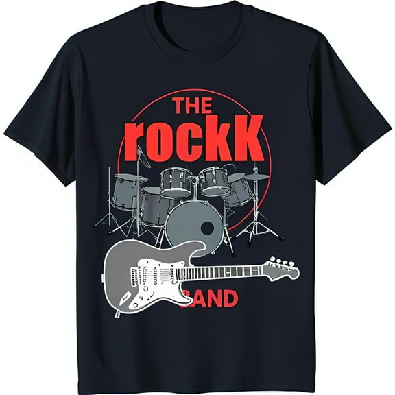 Men's Black T-Shirt with 'The Rockk Band' Graphic Drum Set