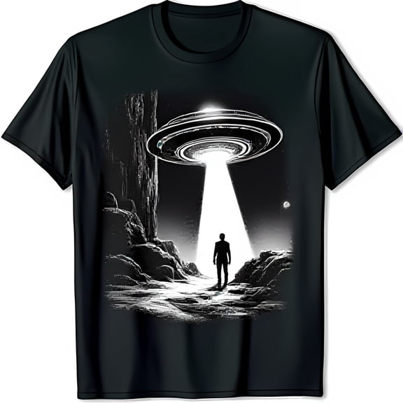Men's Black T-Shirt with UFO Graphic: Suit Man Gazing at Saucer & Starry Sky
