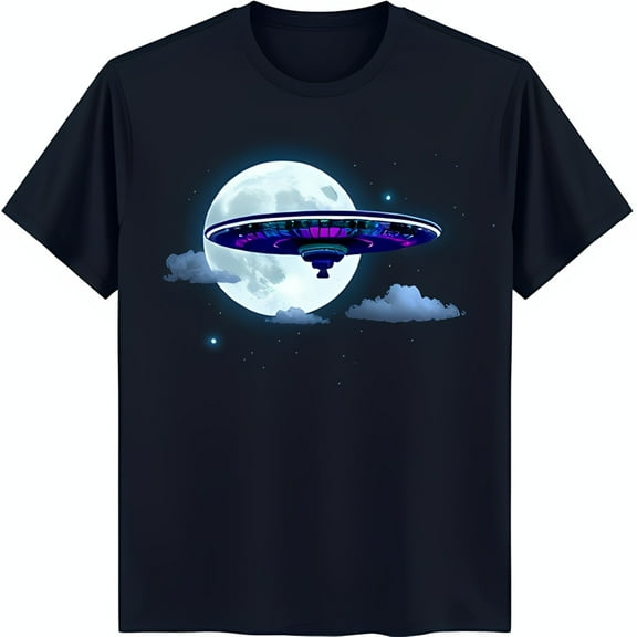 Men's Black T-Shirt with UFO and Full Moon Graphic Night Sky Design