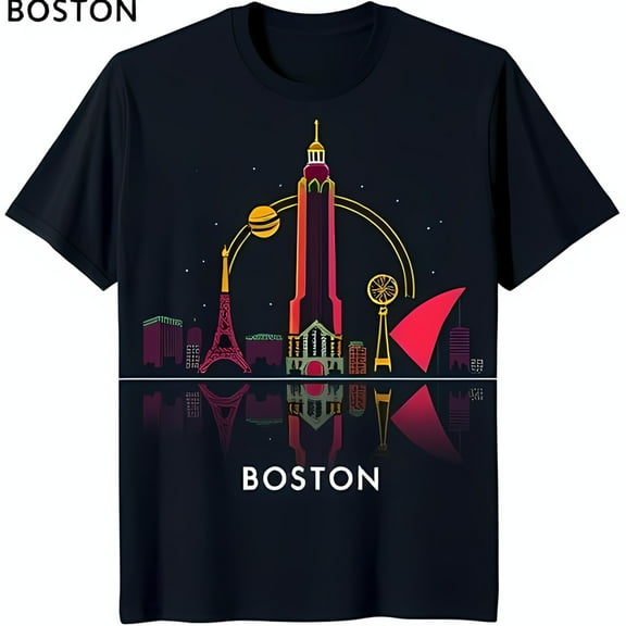 Men's Black T-Shirt with Vibrant Boston Graphic Iconic Landmarks