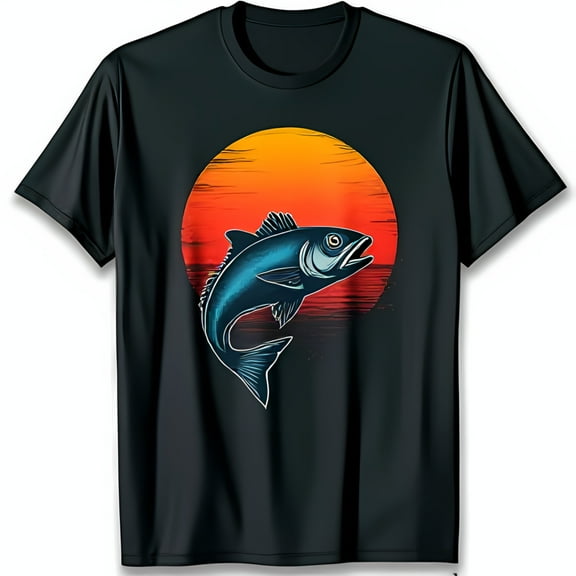Men's Black T-Shirt with Vibrant Fish Graphic & Sunset Design Unique Style