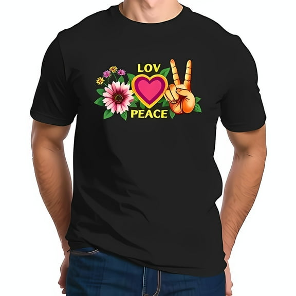Men's Black T-Shirt with Vibrant Peace Sign and Heart Design - Retro 60s 70s Hippie Style Love and Peace Graphic Tee