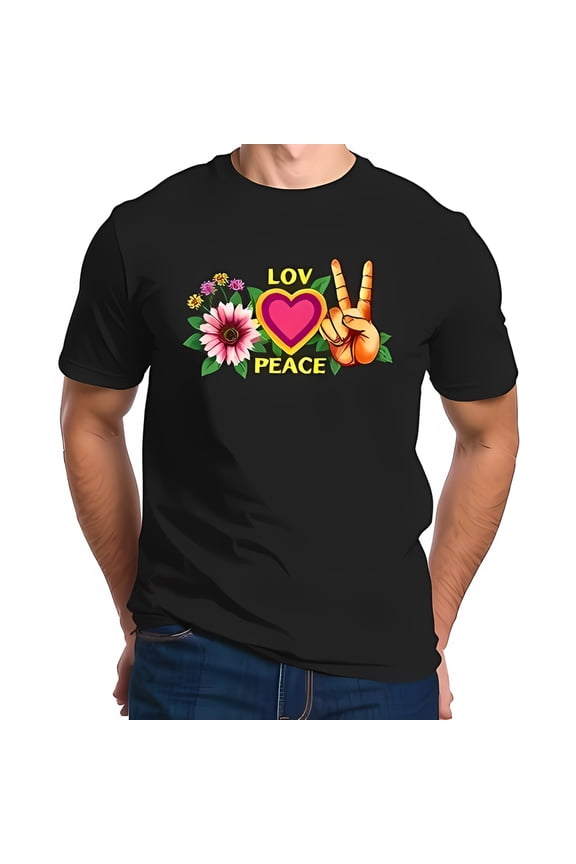 Men's Black T-Shirt with Vibrant Peace Sign and Heart Design - Retro 60s 70s Hippie Style Love and Peace Graphic Tee