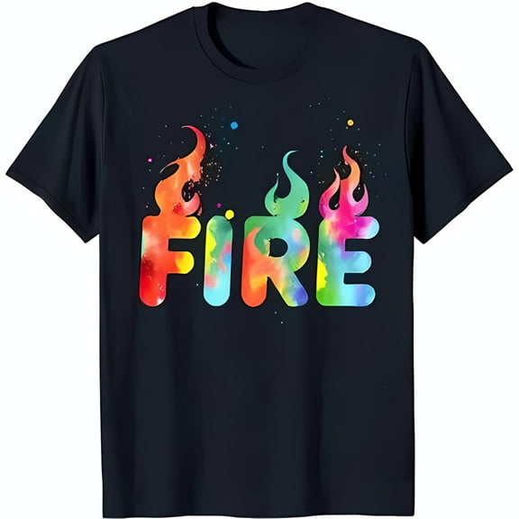 Men's Black T-Shirt with Vibrant Rainbow 'FIRE' Graphic and Watercolor Flames
