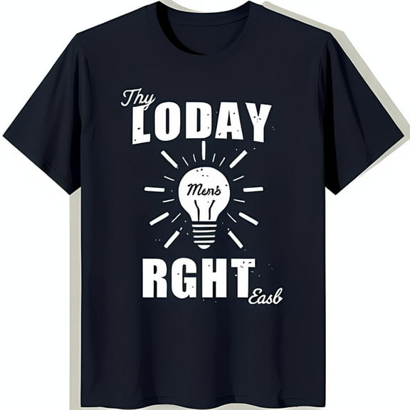 Men's Black T-Shirt with Vintage Lightbulb Design and 'Thy Loday Right Eash' Text