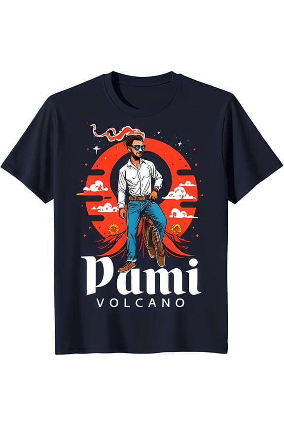 Men's Black T-Shirt with Volcano Graphic Bearded Man in Sunglasses 'Pami' Design