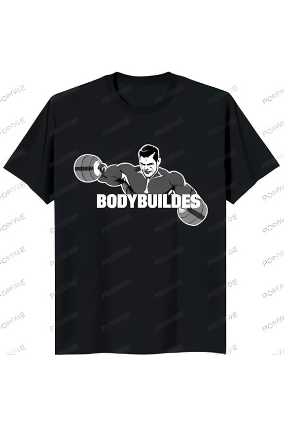 Men's Black T-Shirt with White Bodybuilder Graphic Weightlifting Design