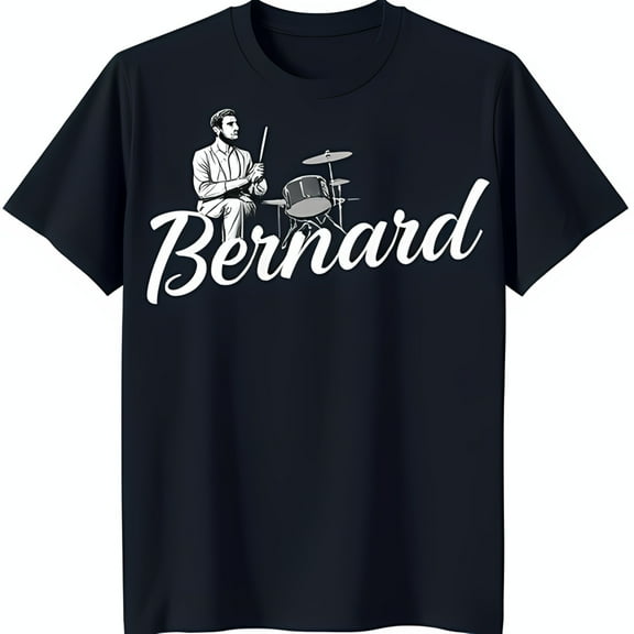 Men's Black T-Shirt with White Drummer Graphic and 'Bernard' Text Design