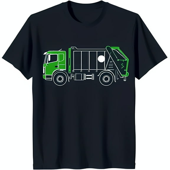 Men's Black T-Shirt with White Outline Graphic of a Green Garbage Truck