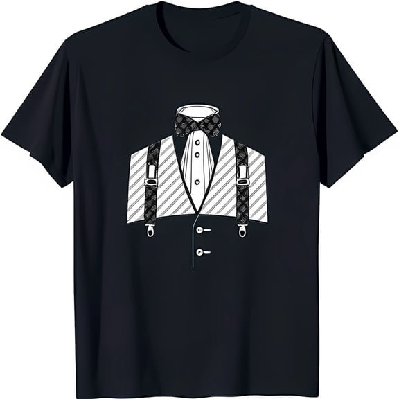 Men's Black T-Shirt with White and Line Drawing Stylish Striped Vest Design